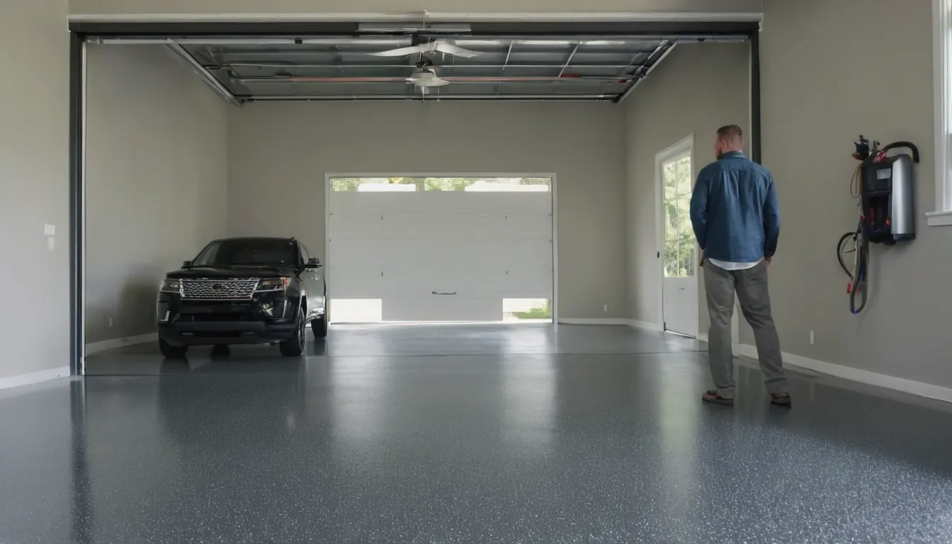 A clean, newly coated epoxy garage floor in a home near Gaithersburg